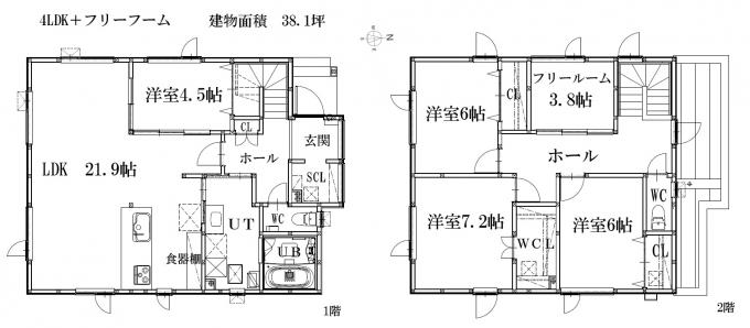 38.1坪　4LDK他フリールーム・1階にも4.5帖洋室