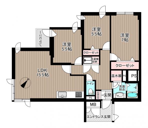 寝室独立の間取り　３LDK