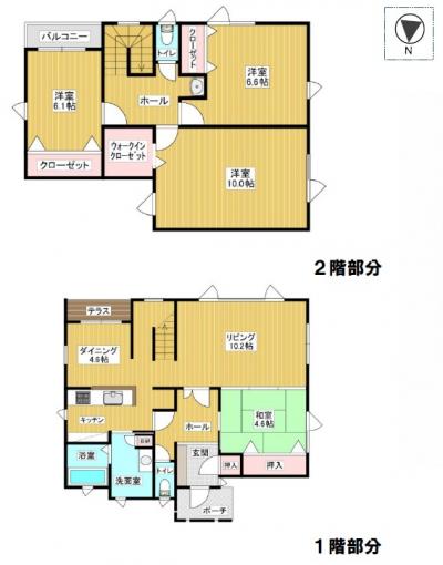【間取図】1階にLDKと和室、2階に個室3部屋の間取り 【間取図】1階にLDKと和室、2階に個室3部屋の間取り
