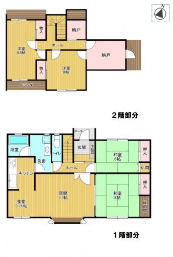 【間取図】2階に納戸が2箇所、各居室に押入や物入有 【間取図】2階に納戸が2箇所、各居室に押入や物入有