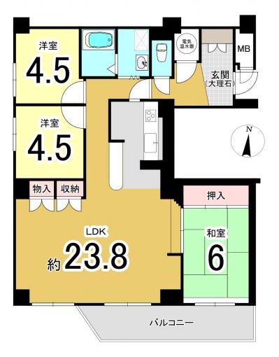 間取り　壁芯 84.58㎡　３LDK