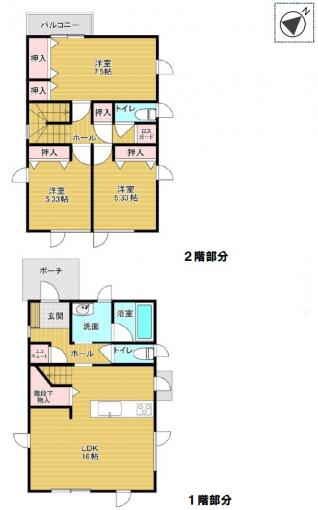 【間取図】広々16帖のLDKと全室収納付きの３LDK。