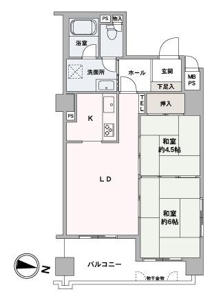 5階、東・北向き、2LDK、49.55㎡の住戸です。 5階、東・北向き、2LDK、49.55㎡の住戸です。