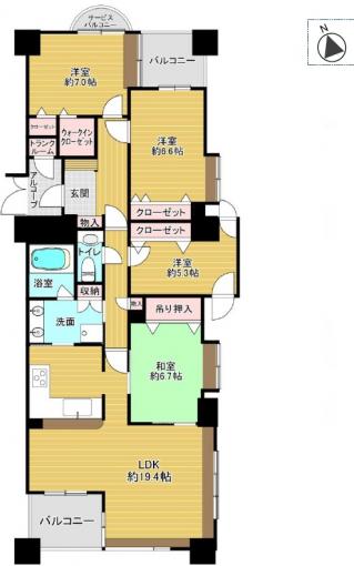 【間取図】約19.4帖の広々LDKを備えた角部屋4LDK! 【間取図】約19.4帖の広々LDKを備えた角部屋4LDK!